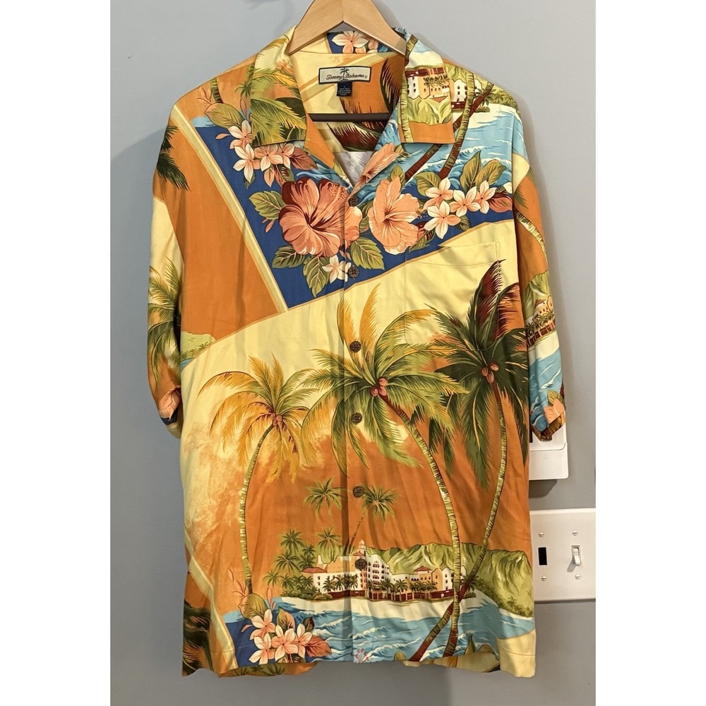 Tommy Bahama Shirt Silk‎ Hawaiian Floral Tropical Camp Palm Trees Large